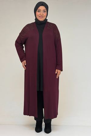 53069 Büyük Beden Omzu Taş Detaylı Penye Ceket - Bordo