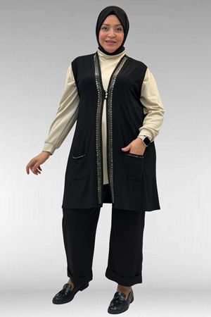 44001 Büyük Beden Önü Taş Detaylı Sandy Yelek - Siyah