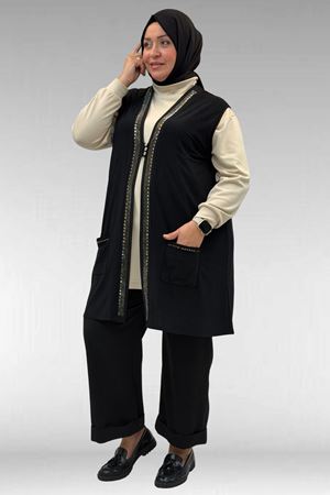 44001 Büyük Beden Önü Taş Detaylı Sandy Yelek - Siyah