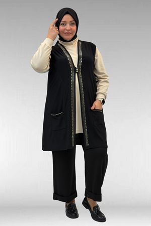 44001 Büyük Beden Önü Taş Detaylı Sandy Yelek - Siyah