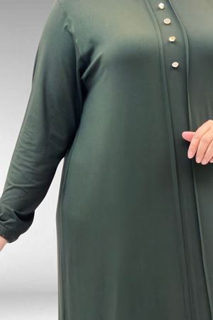 62006 Büyük Beden Önü Çıma Detaylı Penye Elbise - Haki