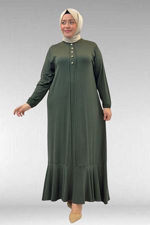 62006 Büyük Beden Önü Çıma Detaylı Penye Elbise - Haki