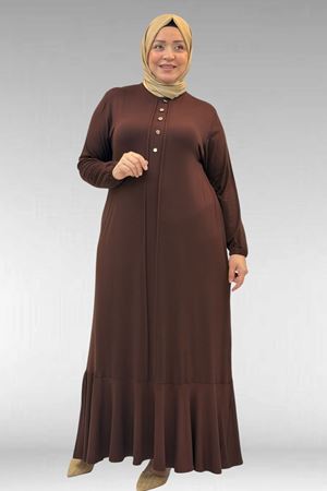 62006 Büyük Beden Önü Çıma Detaylı Penye Elbise - Kahve