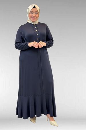 62006 Büyük Beden Önü Çıma Detaylı Penye Elbise - Koyu Lacivert