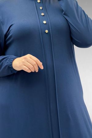 62006 Büyük Beden Önü Çıma Detaylı Penye Elbise - Petrol