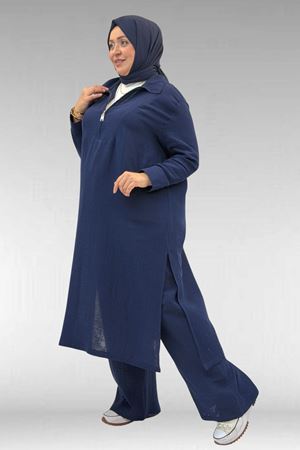 67026 Büyük Beden Erkek Yaka Yarım Fermuarlı Müslin Pantolonlu Takım - Lacivert