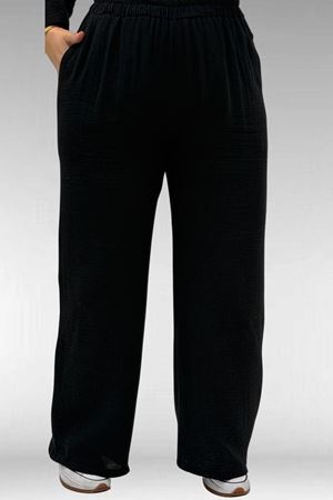 67026 Büyük Beden Erkek Yaka Yarım Fermuarlı Müslin Pantolonlu Takım - Siyah