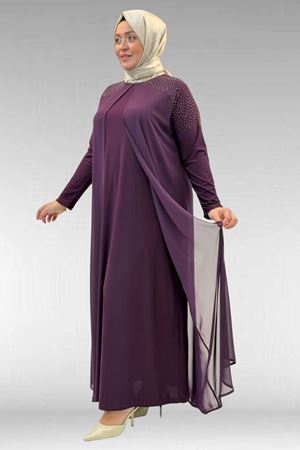 42003 Büyük Beden Taş Detaylı Sandy-Şifon Elbise - Mürdüm