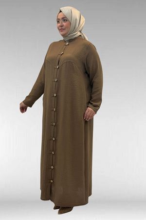 66003 Büyük Beden Boydan Düğmeli Keten Ferace - Vizon