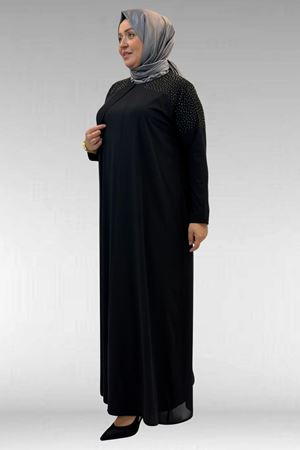 42003 Büyük Beden Taş Detaylı Sandy-Şifon Elbise - Siyah