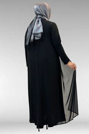 42003 Büyük Beden Taş Detaylı Sandy-Şifon Elbise - Siyah