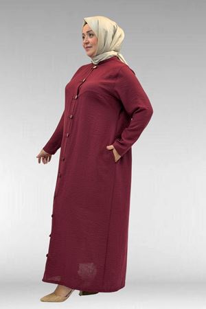 66003 Büyük Beden Boydan Düğmeli Keten Ferace - Bordo