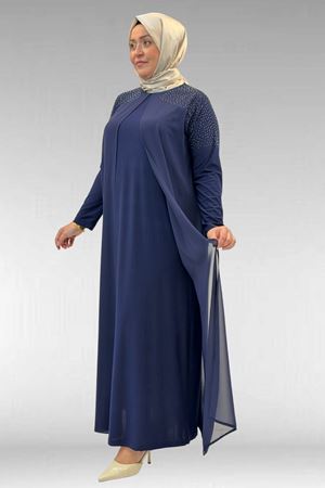 42003 Büyük Beden Taş Detaylı Sandy-Şifon Elbise - Lacivert