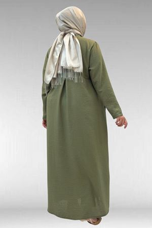 66003 Büyük Beden Boydan Düğmeli Keten Ferace - Haki