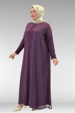 42003 Büyük Beden Taş Detaylı Sandy-Şifon Elbise - Mürdüm