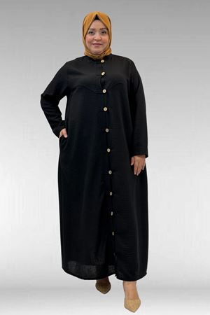 66003 Büyük Beden Boydan Düğmeli Keten Ferace - Siyah