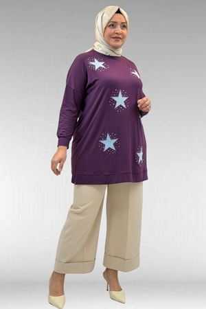 58013 Büyük Beden Önü Yıldız Ve Taş Detaylı Penye Tunik - Mürdüm