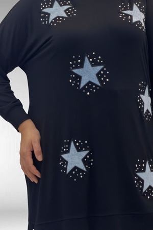 58013 Büyük Beden Önü Yıldız Ve Taş Detaylı Penye Tunik - Siyah