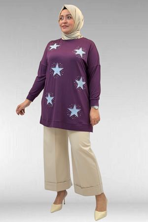 58013 Büyük Beden Önü Yıldız Ve Taş Detaylı Penye Tunik - Mürdüm