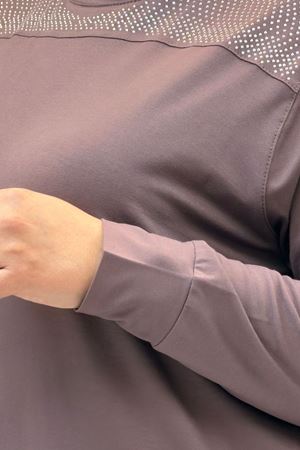 68036 Büyük Beden Önü Parçalı Taş Detaylı Penye Tunik - Vizon