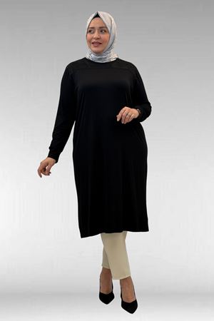 68036 Büyük Beden Önü Parçalı Taş Detaylı Penye Tunik - Siyah