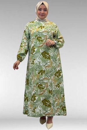 62007 Büyük Beden Kolu Lastikli Elbise - Desenli Haki