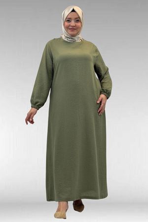 62007 Büyük Beden Kolu Lastikli Elbise - Haki