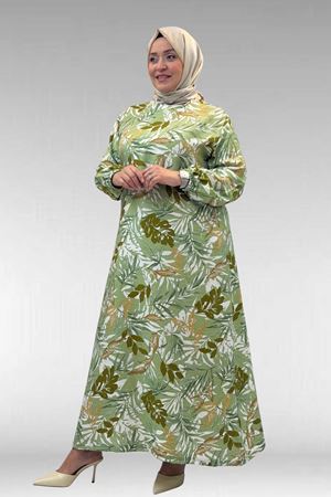 62007 Büyük Beden Kolu Lastikli Elbise - Desenli Haki