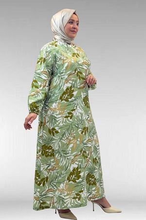 62007 Büyük Beden Kolu Lastikli Elbise - Desenli Haki