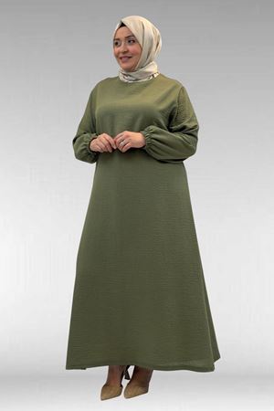 62007 Büyük Beden Kolu Lastikli Elbise - Haki