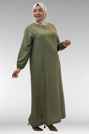 62007 Büyük Beden Kolu Lastikli Elbise - Haki