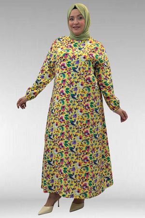 62007 Büyük Beden Kolu Lastikli Elbise - Desenli Sarı