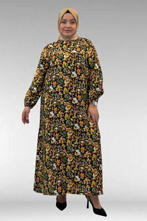 62007 Büyük Beden Kolu Lastikli Elbise - Desenli Siyah