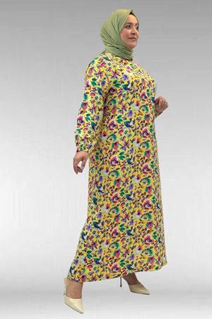 62007 Büyük Beden Kolu Lastikli Elbise - Desenli Sarı