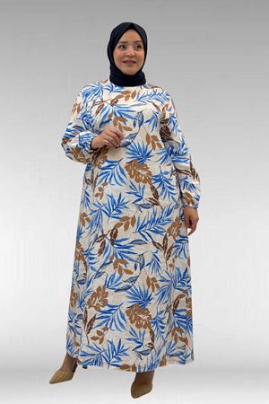 62007 Büyük Beden Kolu Lastikli Elbise - Yaprak Desen Vizon