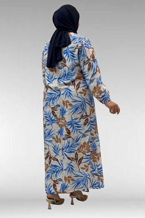 62007 Büyük Beden Kolu Lastikli Elbise - Yaprak Desen Vizon