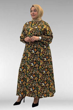 62007 Büyük Beden Kolu Lastikli Elbise - Desenli Siyah