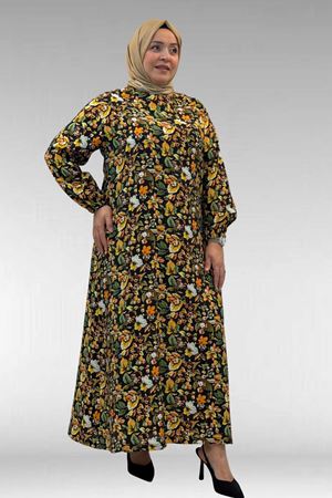 62007 Büyük Beden Kolu Lastikli Elbise - Desenli Siyah