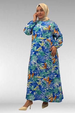 62007 Büyük Beden Kolu Lastikli Elbise - Desenli Saks