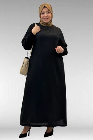 62007 Büyük Beden Kolu Lastikli Elbise - Siyah