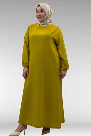 62007 Büyük Beden Kolu Lastikli Elbise - Yağ Yeşili