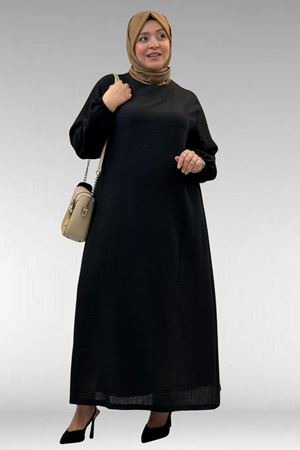 62007 Büyük Beden Kolu Lastikli Elbise - Siyah