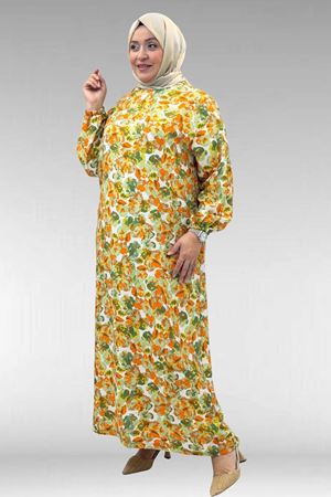 62007 Büyük Beden Kolu Lastikli Elbise - Çiçek Desen Yeşil