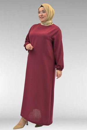 62007 Büyük Beden Kolu Lastikli Elbise - Bordo