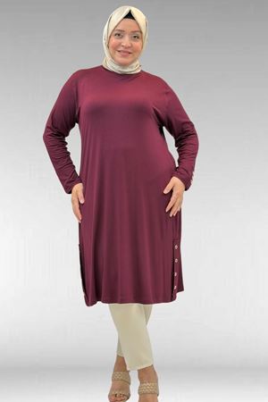 68029 Büyük Beden Yanları Kuşgözü Detaylı Penye Tunik - Bordo