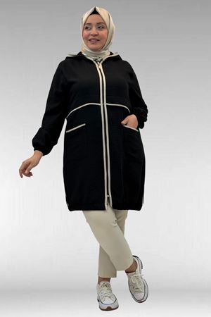 43032 Büyük Beden Biye Detaylı  Keten Kap - Siyah