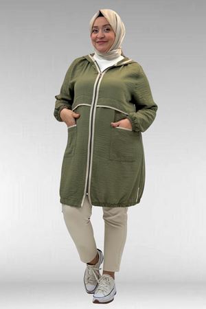 43032 Büyük Beden Biye Detaylı  Keten Kap - Haki