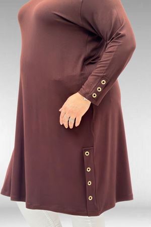 68029 Büyük Beden Yanları Kuşgözü Detaylı Penye Tunik - Kahve