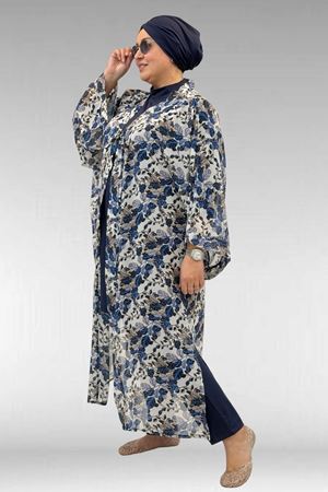 1735 Büyük Beden Garni Detaylı Pareo - Yaprak Desen Mavi