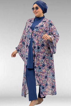 1735 Büyük Beden Garni Detaylı Pareo - Göz Desen İndigo